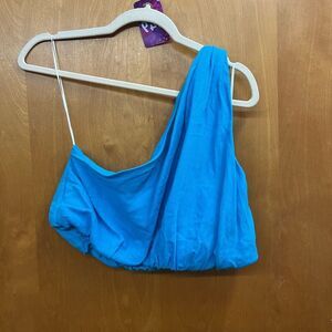 WHOIAM linen/rayon blend cropped Vibrant Blue One-Shoulder Top
